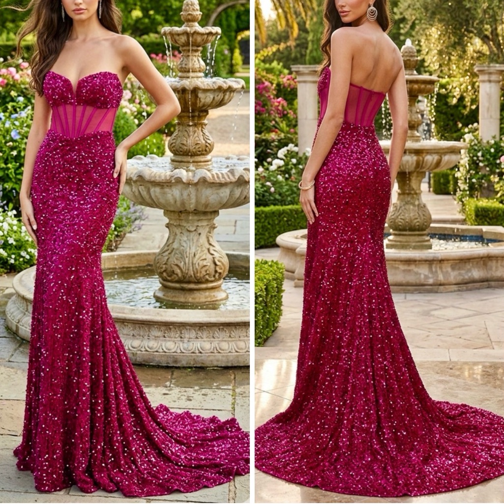 Alyce Paris Fuchsia Plush Sequins Strapless Sheer Top Dress Size 00